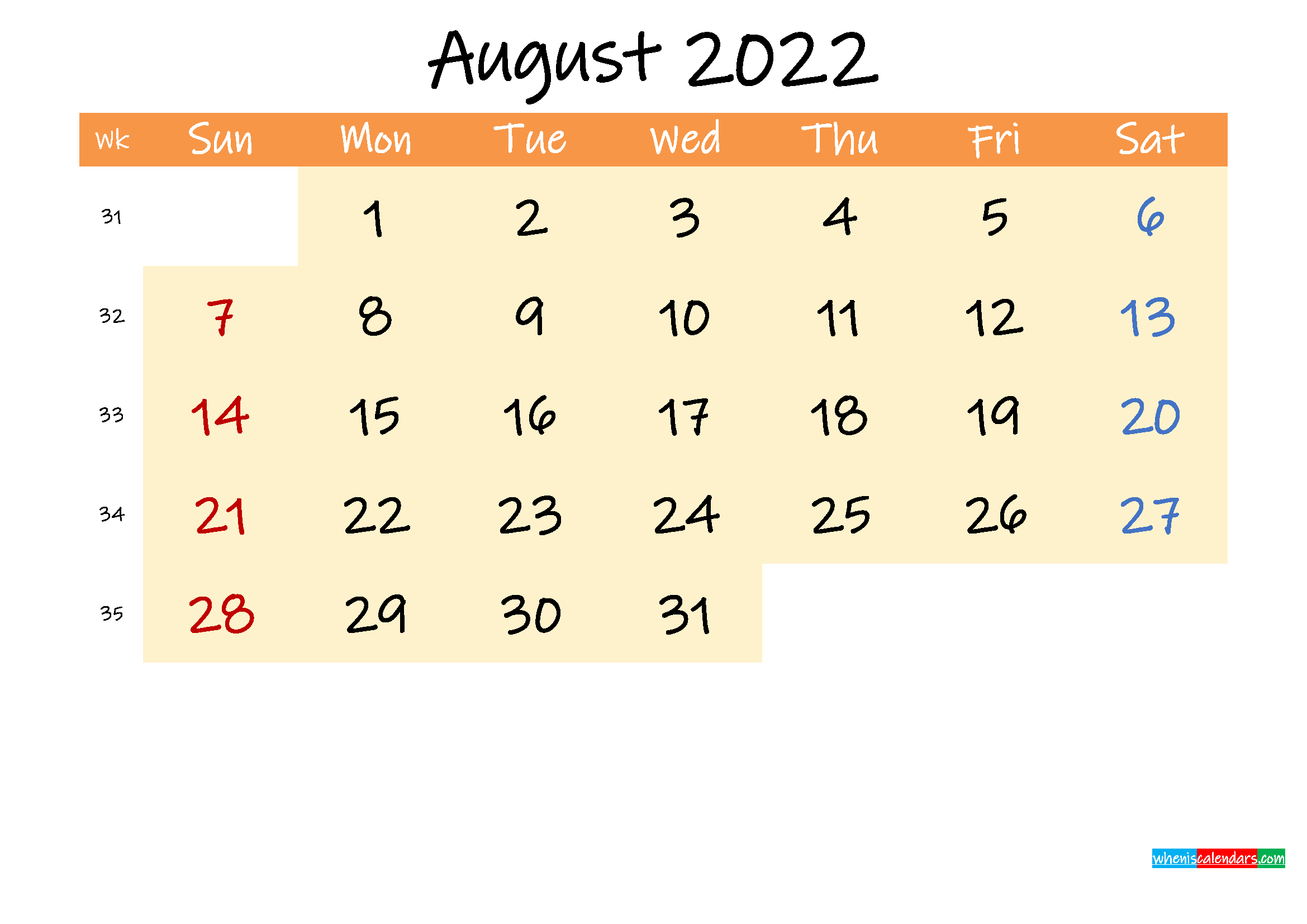 Editable August 2022 Calendar - Template Noink22M248