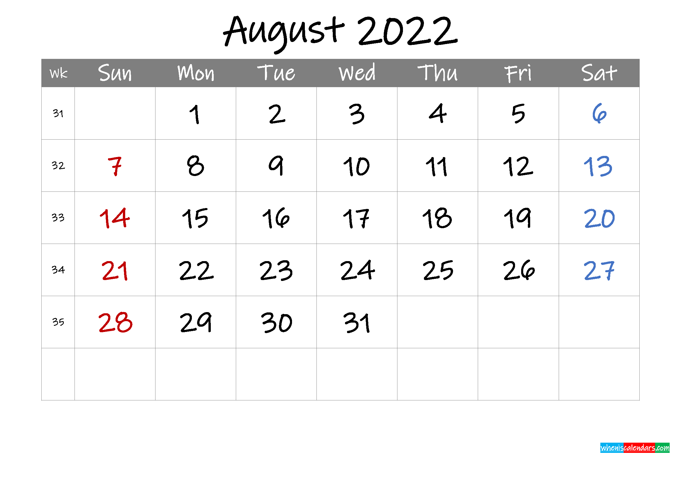 Editable August 2022 Calendar With Holidays - Template