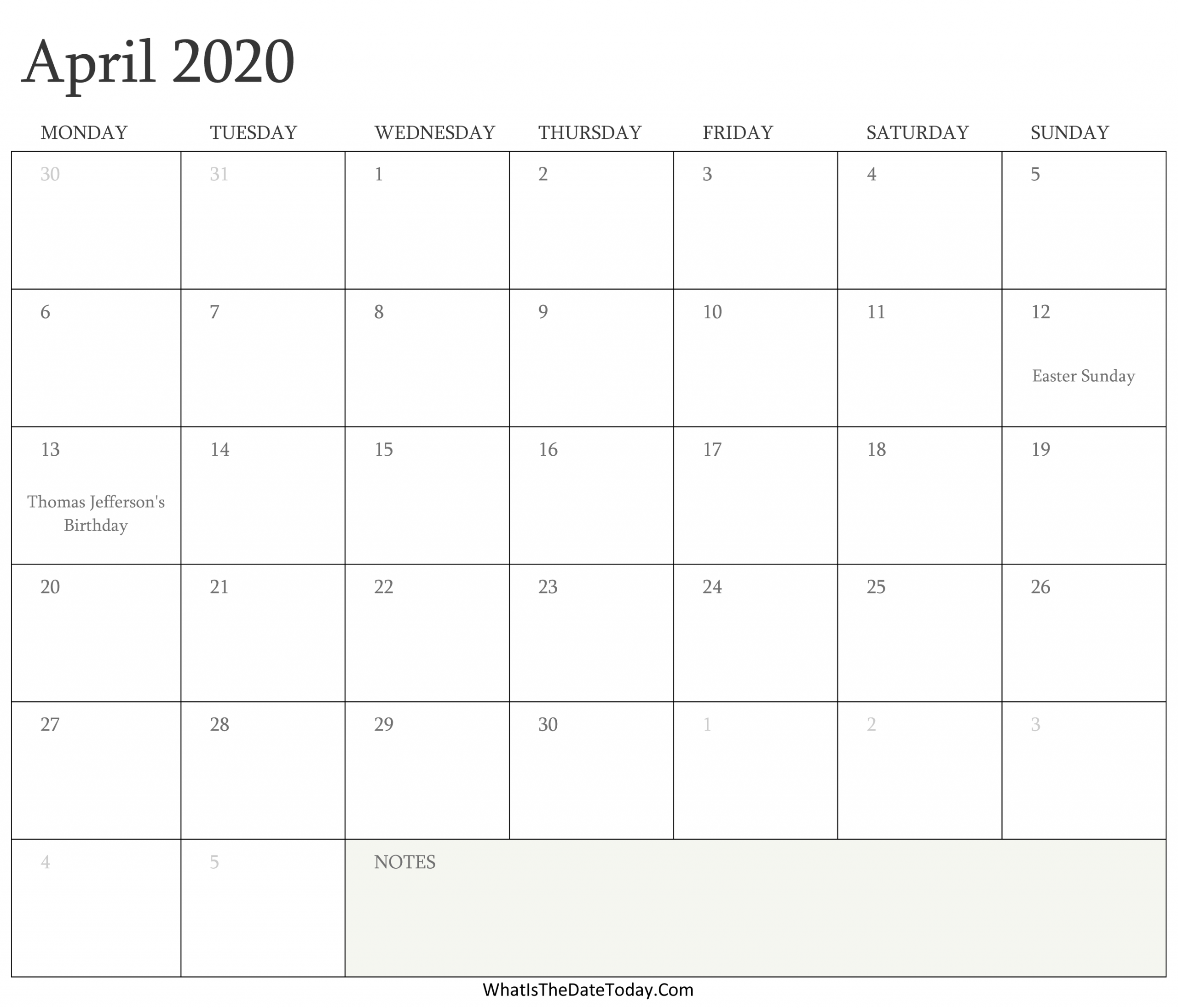 Editable Calendar April 2020 With Holidays