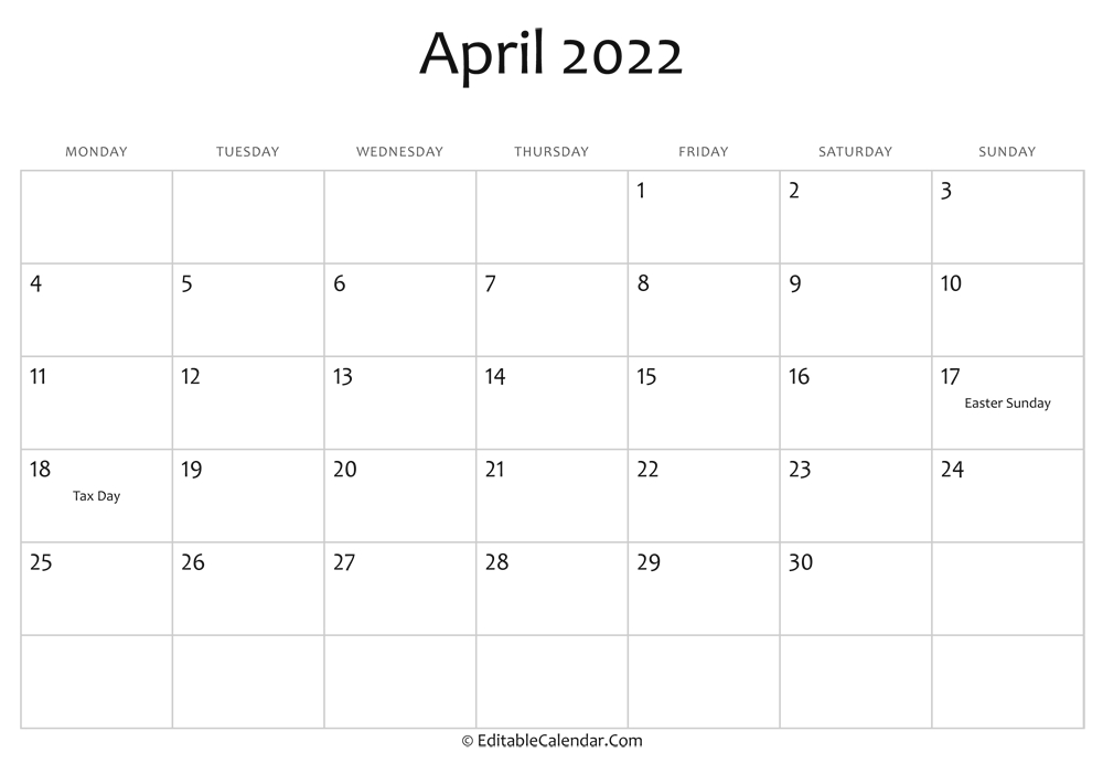 Editable Calendar April 2022