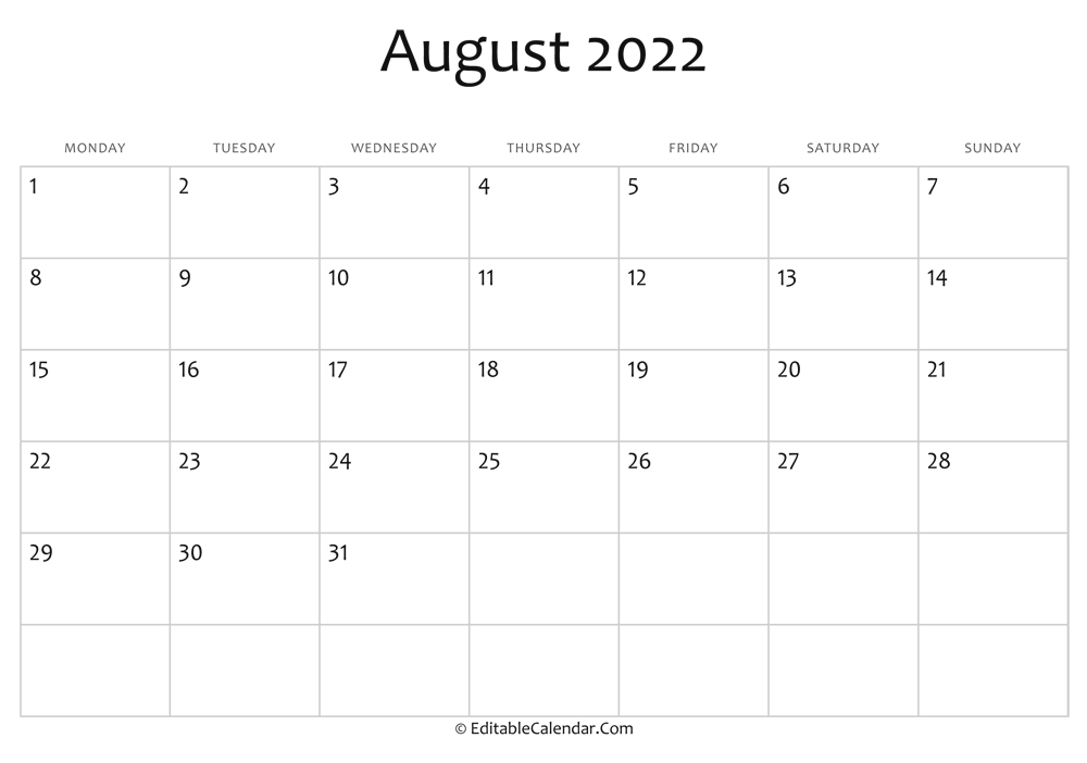 Editable Calendar August 2022