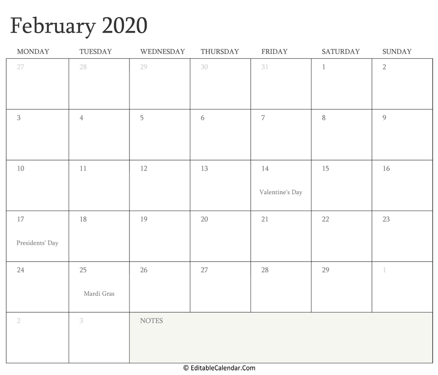 Editable Calendar February 2020