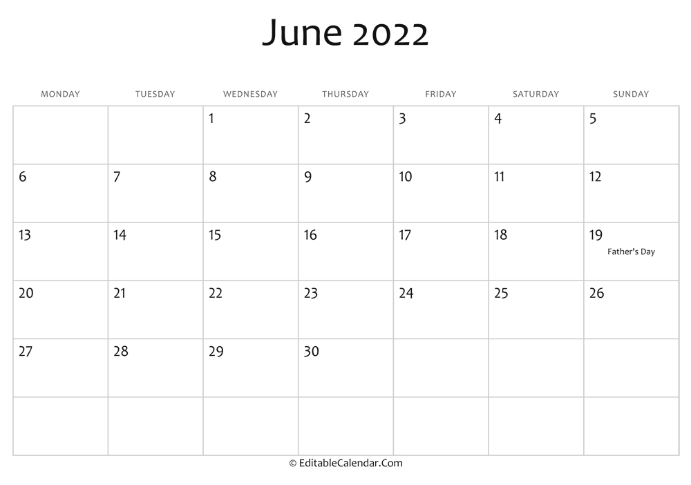 Editable Calendar June 2022