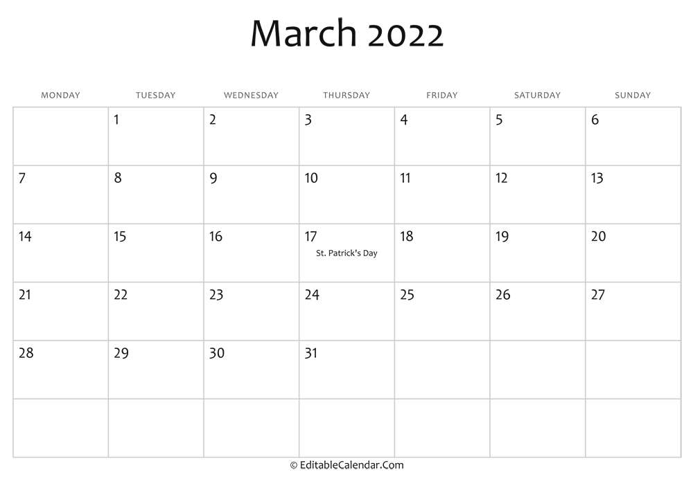 Editable Calendar March 2022