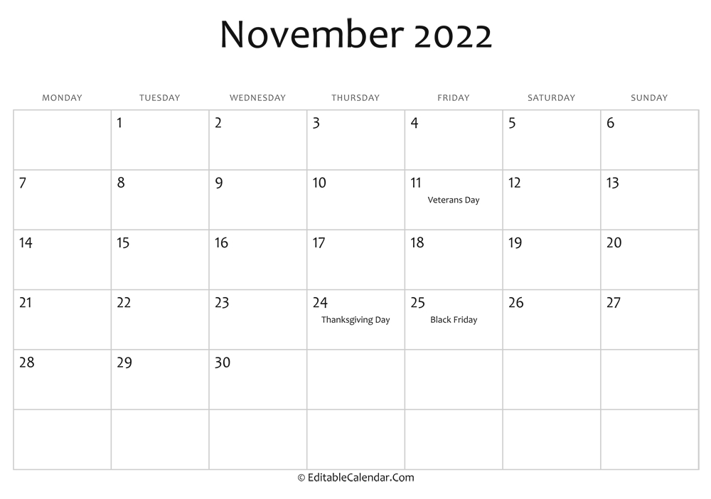 Editable Calendar November 2022