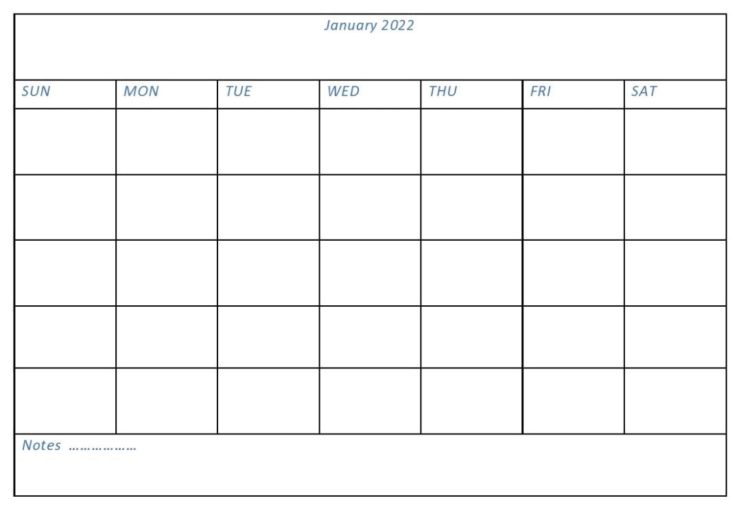 Editable Daily Blank January 2022 Calendar - Mycalendarlabs