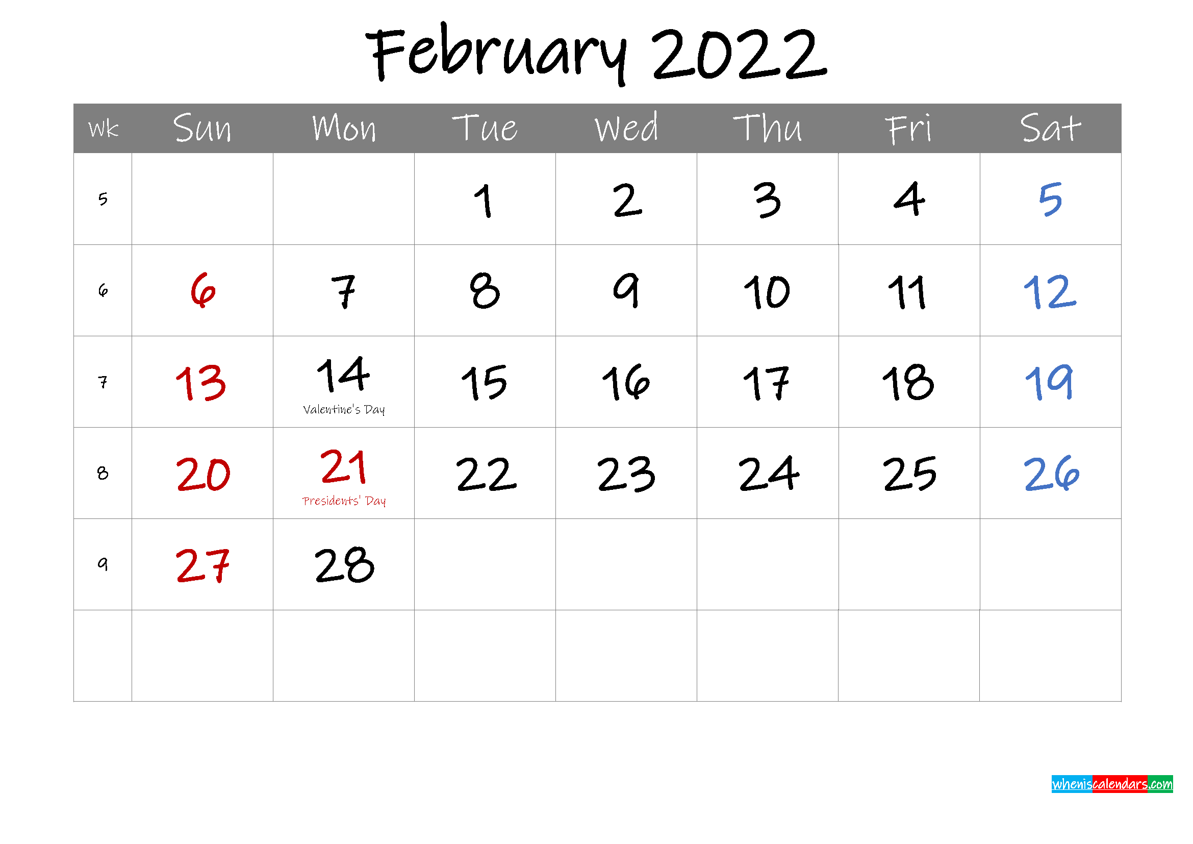 Editable February 2022 Calendar With Holidays - Template