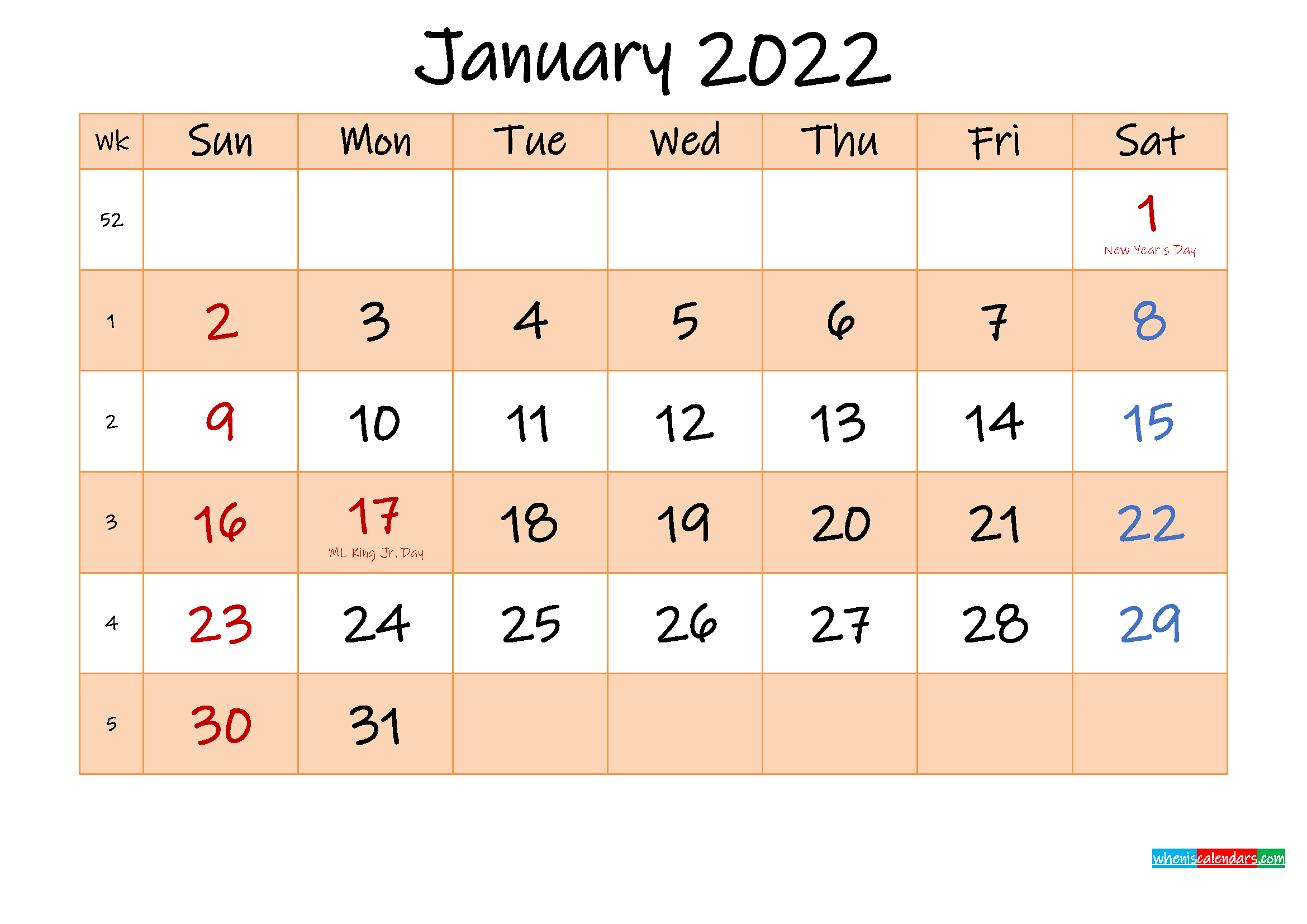 Editable January 2022 Calendar - Template Noink22M481