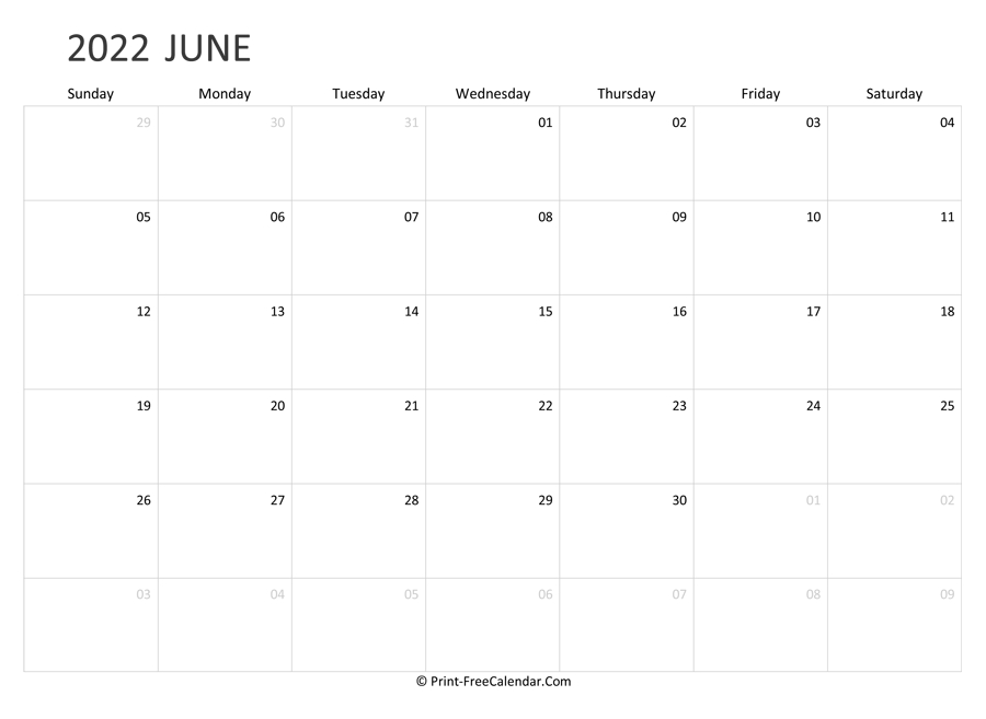 Editable June Calendar 2022 (Landscape Layout)