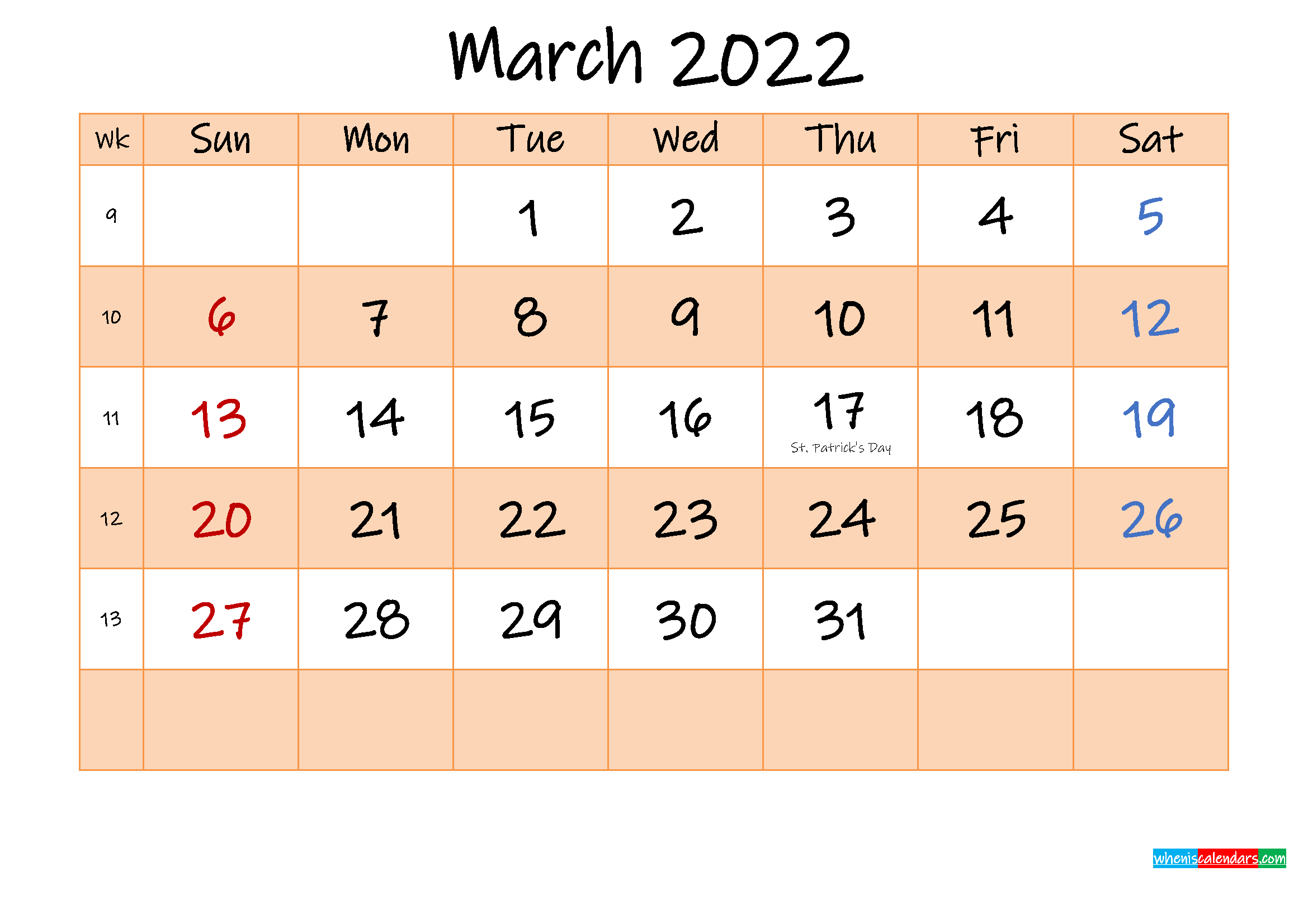 Editable March 2022 Calendar - Template Noink22M483