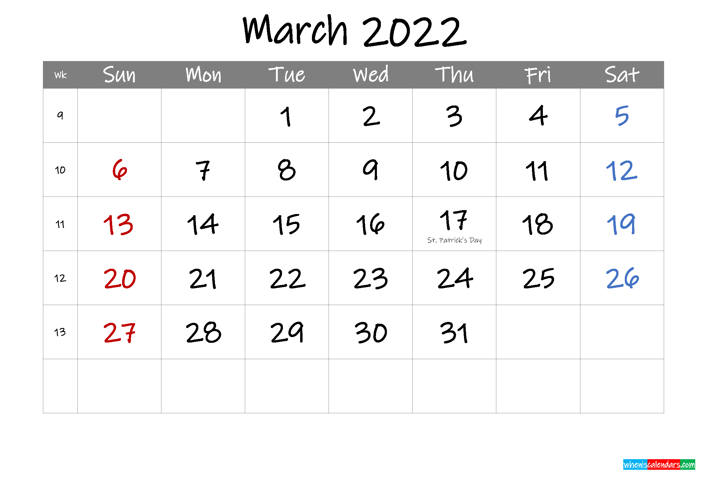 Editable March 2022 Calendar With Holidays - Template