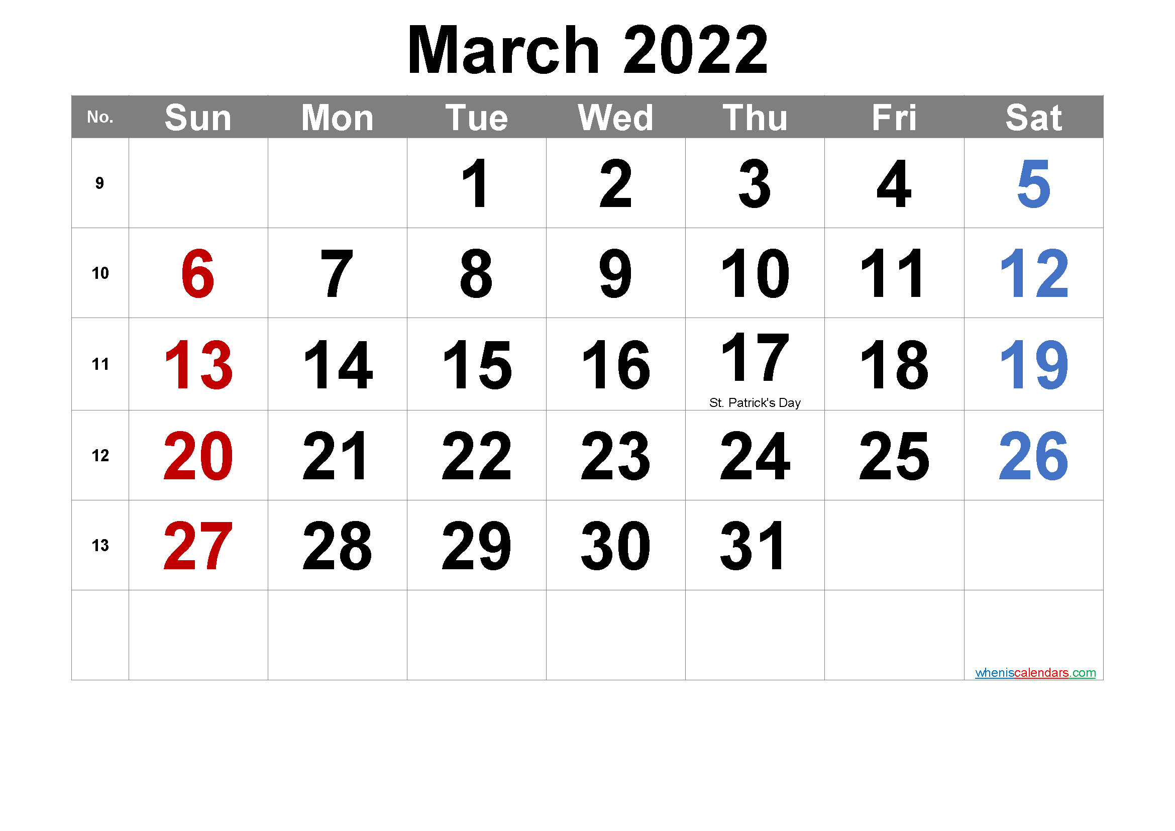 Editable March 2022 Calendar With Holidays-Template Noar22M3