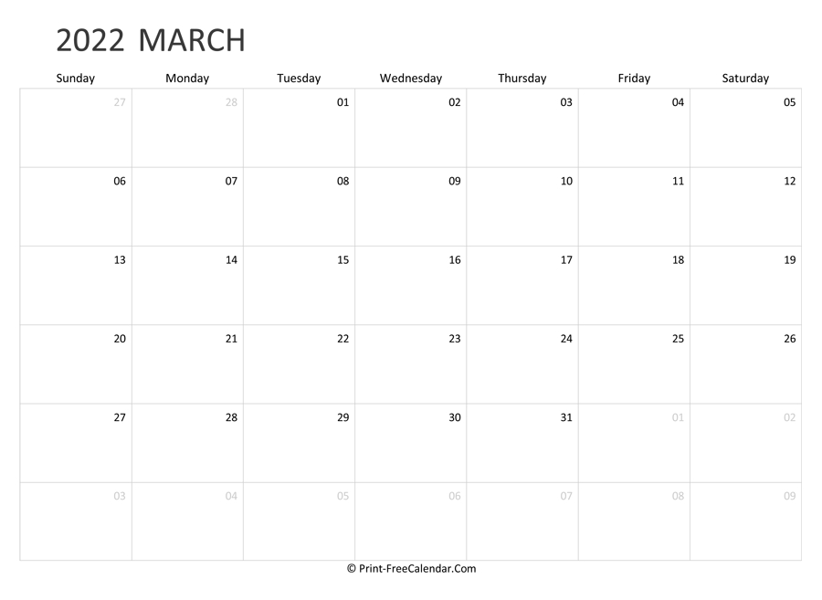 Editable March Calendar 2022 (Landscape Layout)