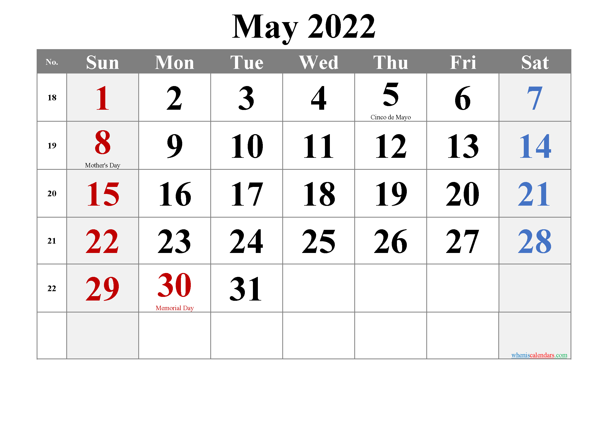 Editable May 2022 Calendar-Template Notr22M17