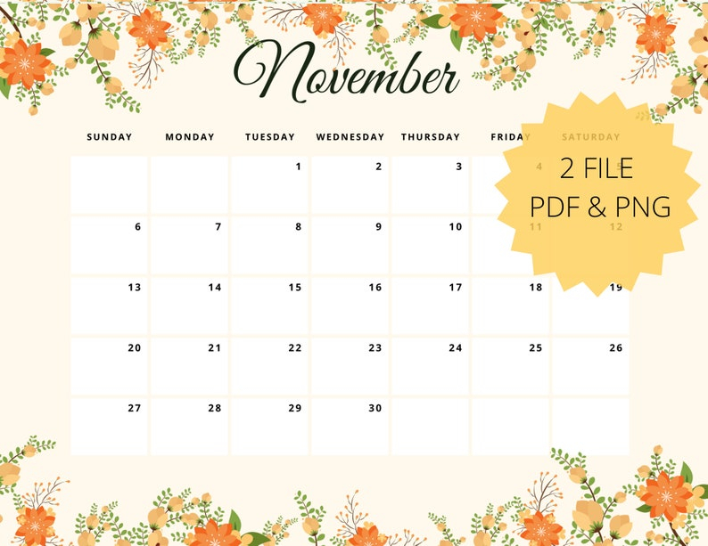 Editable November 2022 Calendar Printable Watercolor | Etsy