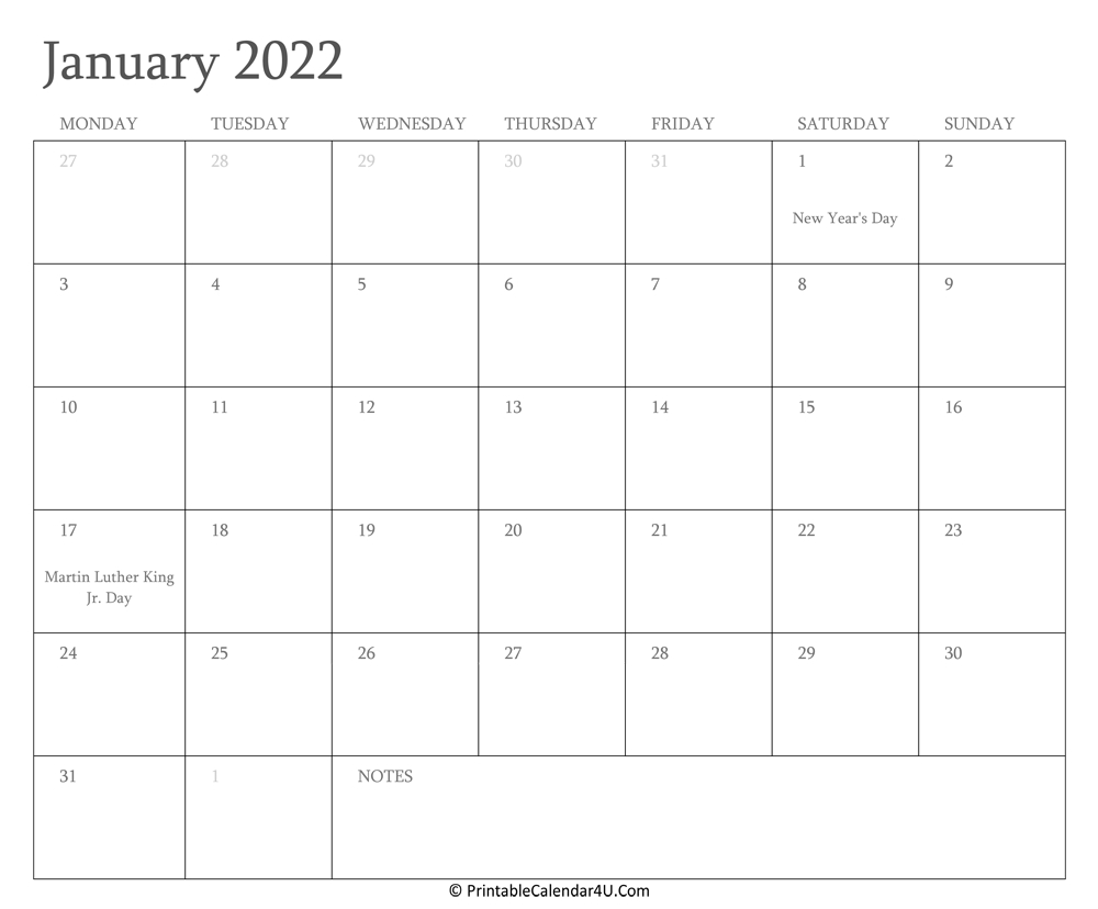 Editable Printable January 2022 Monthly Calendar - 2023
