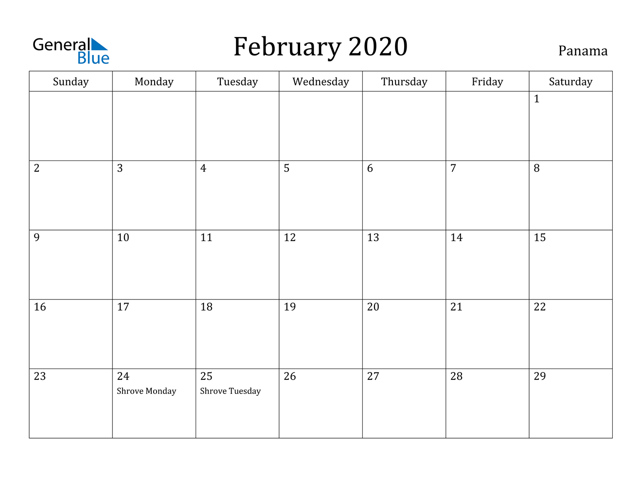 February 2020 Calendar - Panama