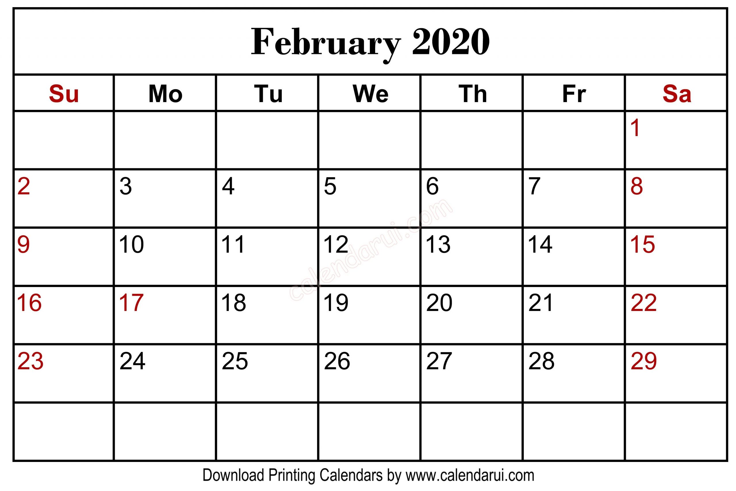 February 2020 Daily Calendar