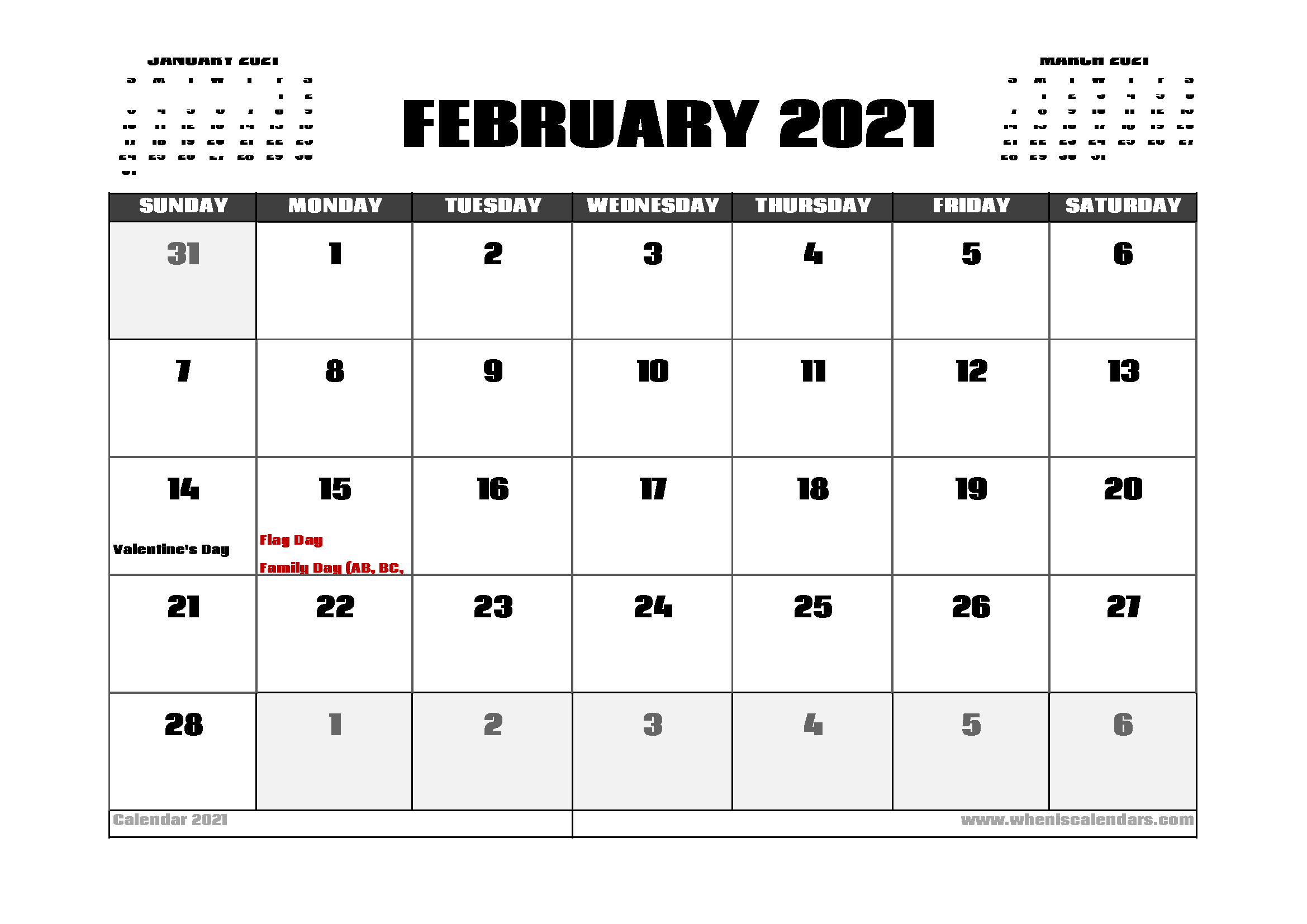 February 2021 Calendar Canada With Holidays