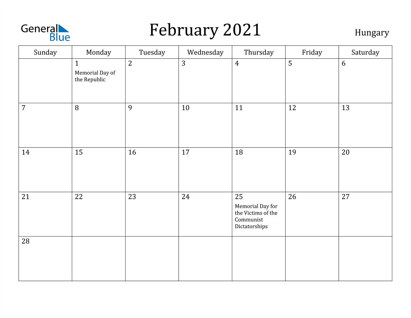 February 2021 Calendar - Hungary