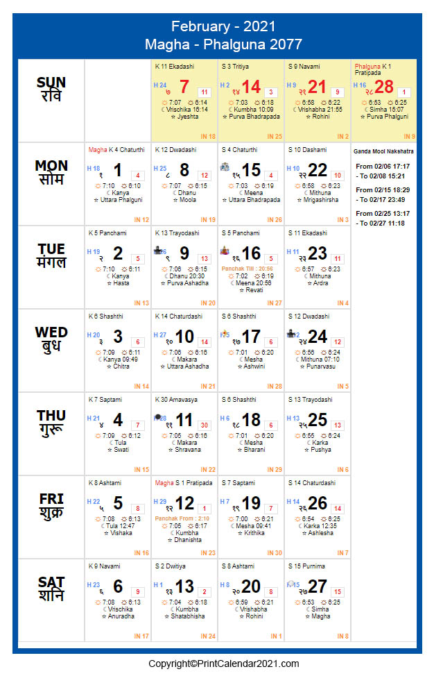 February 2021 Calendar Panchang