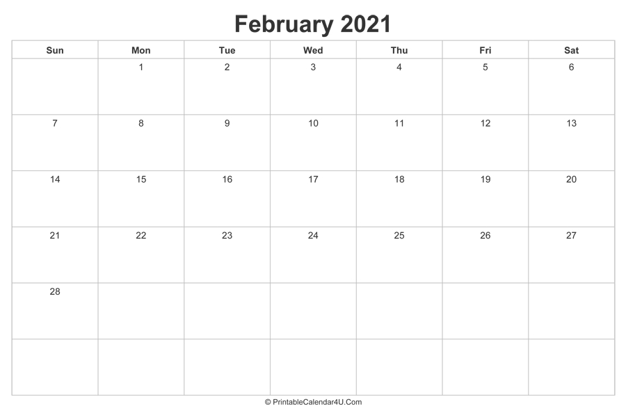 February 2021 Calendar Printable (Landscape Layout)