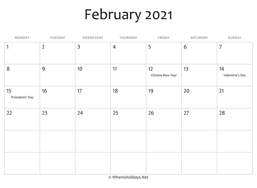 February 2021 Calendar Printable With Holidays