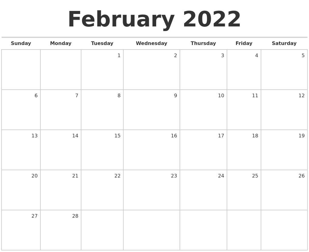 February 2022 Blank Monthly Calendar