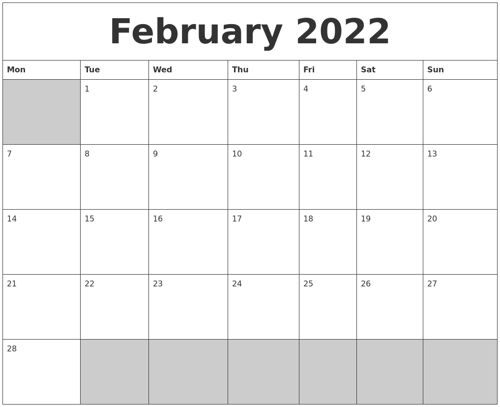 February 2022 Blank Printable Calendar