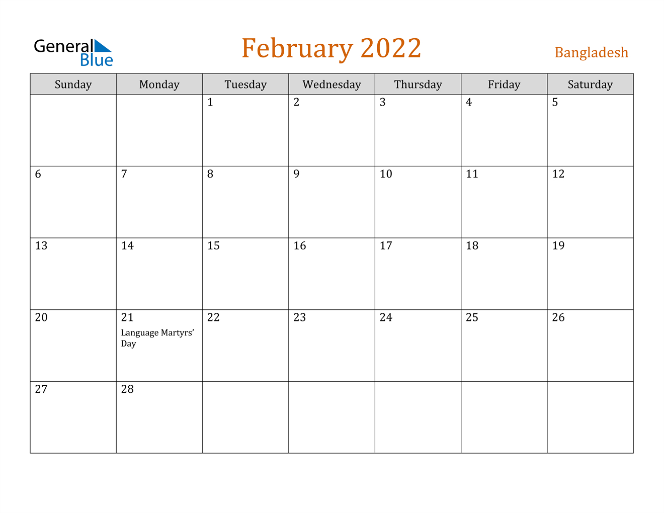 February 2022 Calendar - Bangladesh