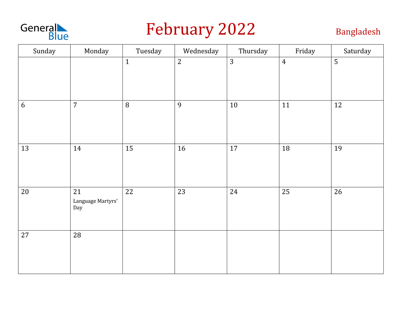February 2022 Calendar - Bangladesh