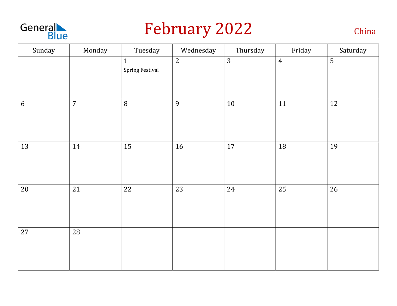 February 2022 Calendar - China