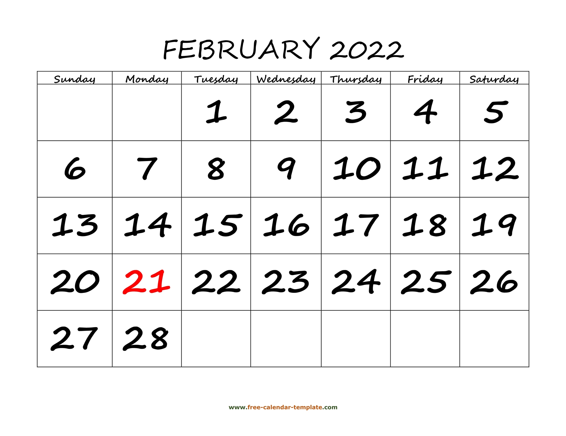 February 2022 Calendar Designed With Large Font