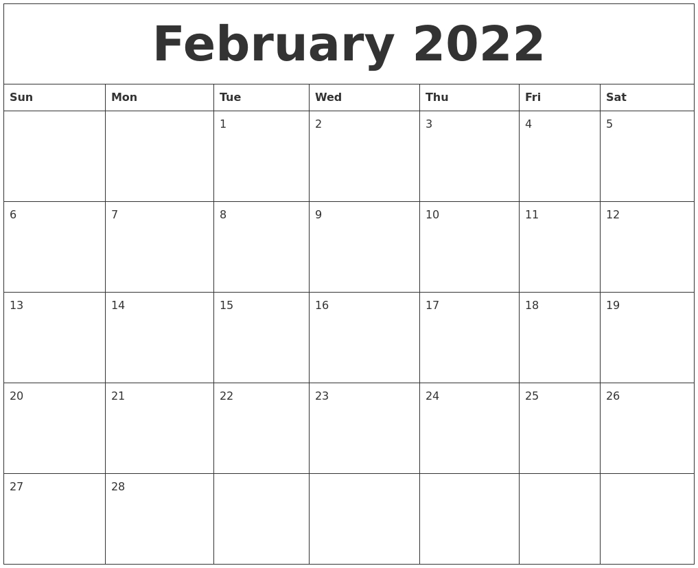 February 2022 Calendar For Printing
