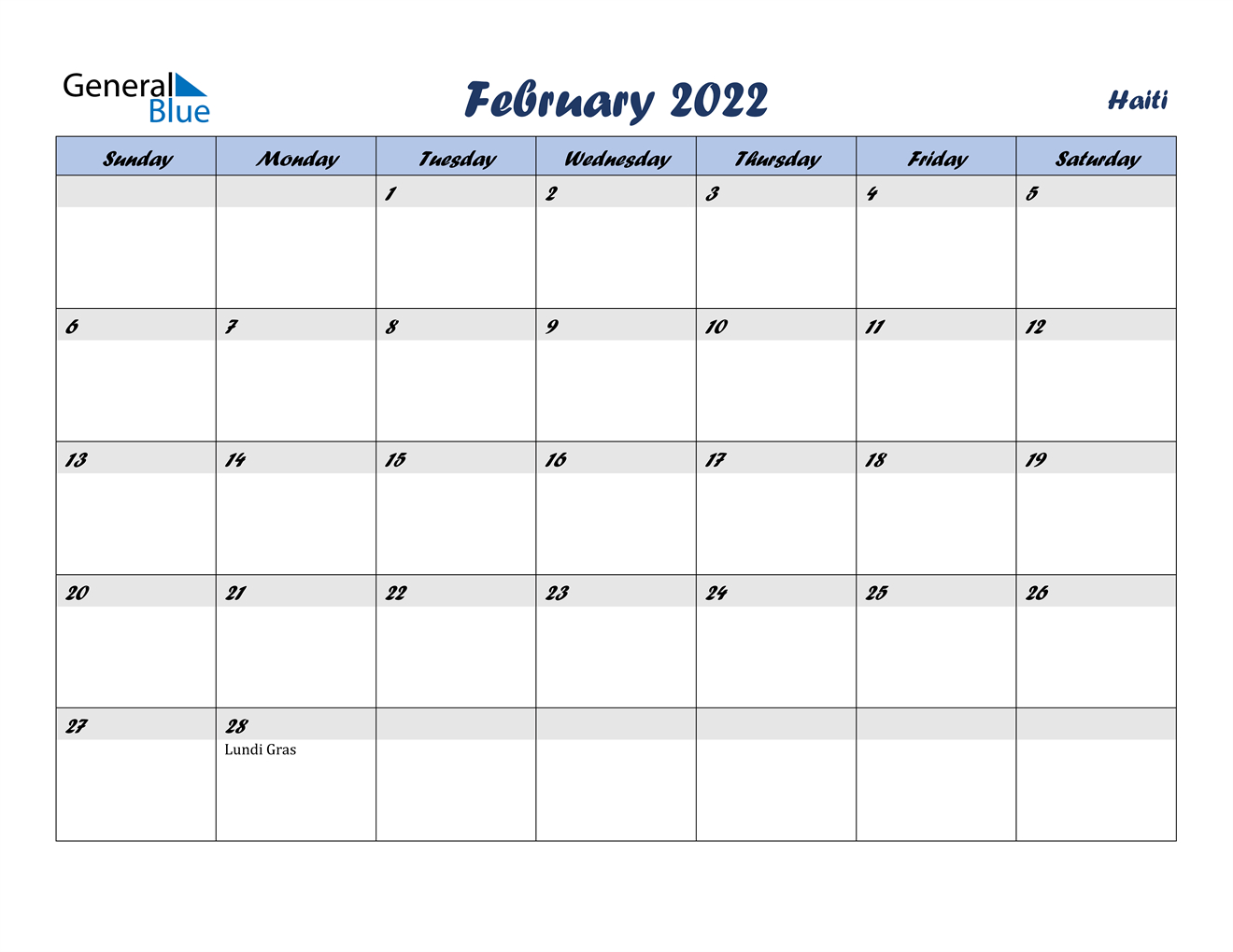 February 2022 Calendar - Haiti
