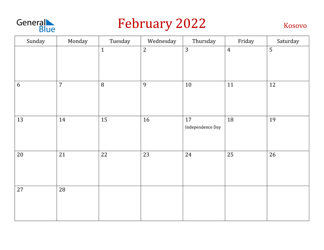 February 2022 Calendar - Kosovo