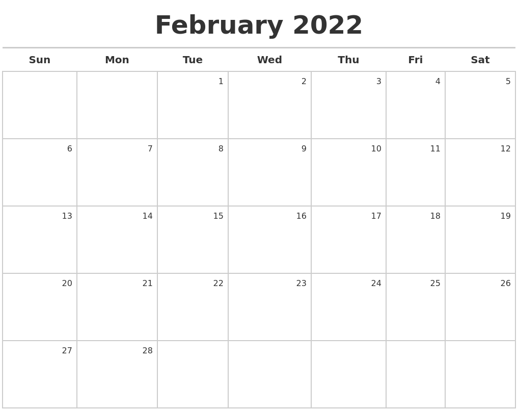 February 2022 Calendar Maker