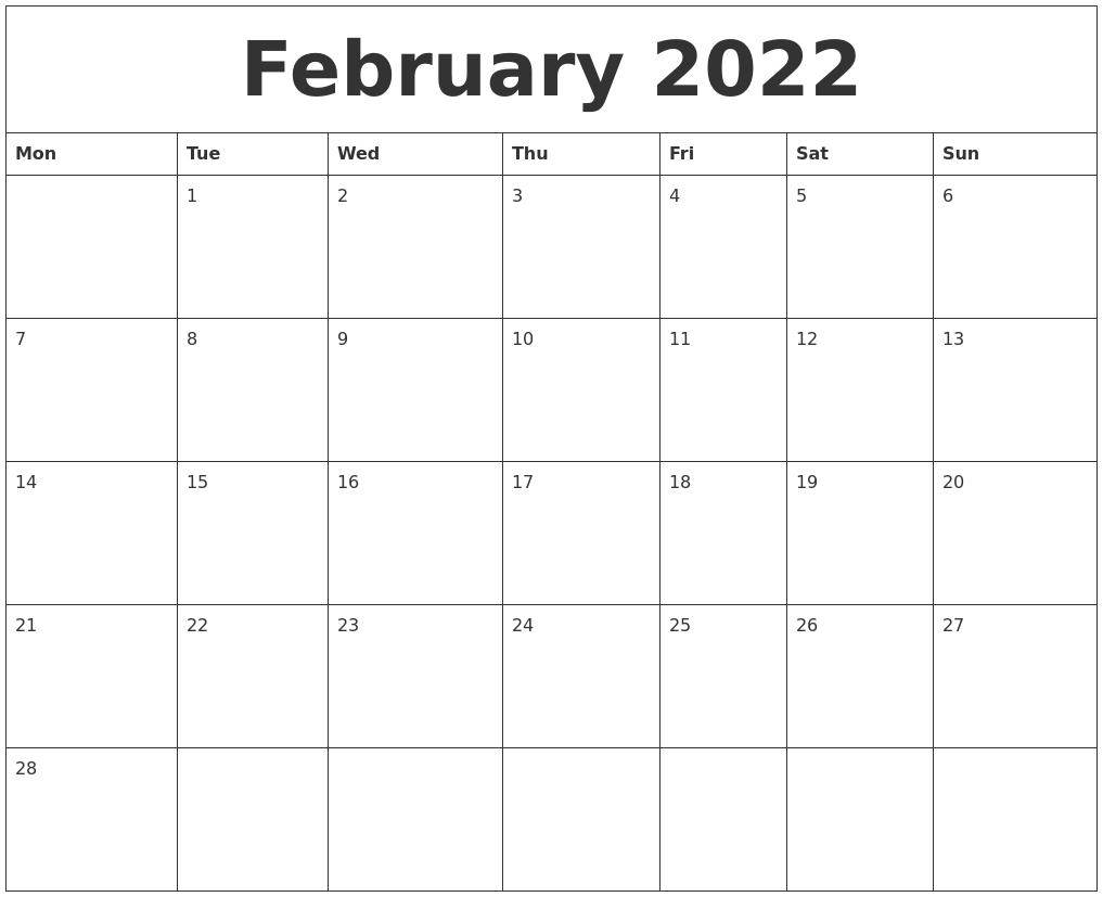 February 2022 Calendar Monthly