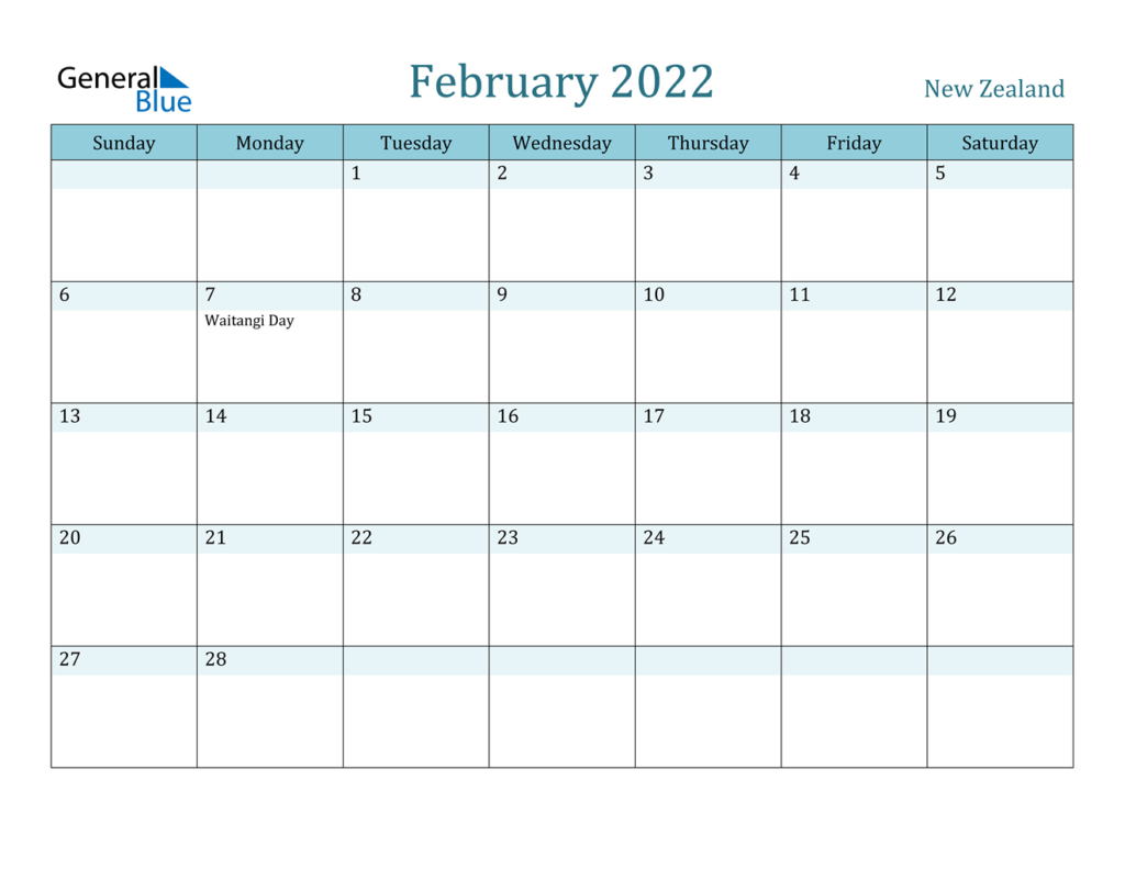February 2022 Calendar Nz Printable - Print A Calendars