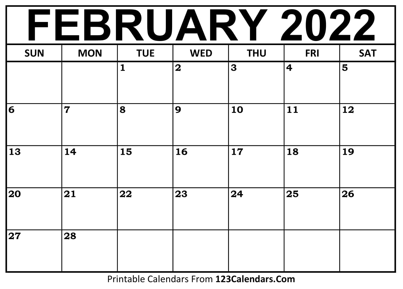 February 2022 Calendar Printable 123Calendars - 2023