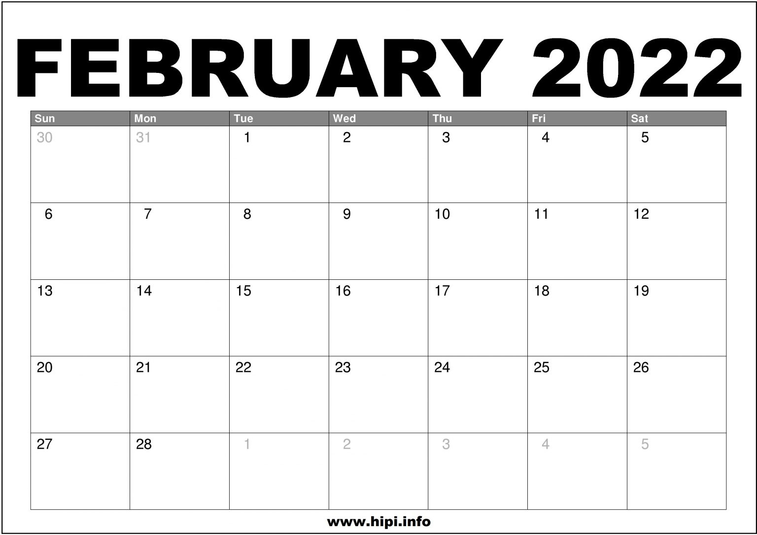 February 2022 Calendar Printable Free - Hipi