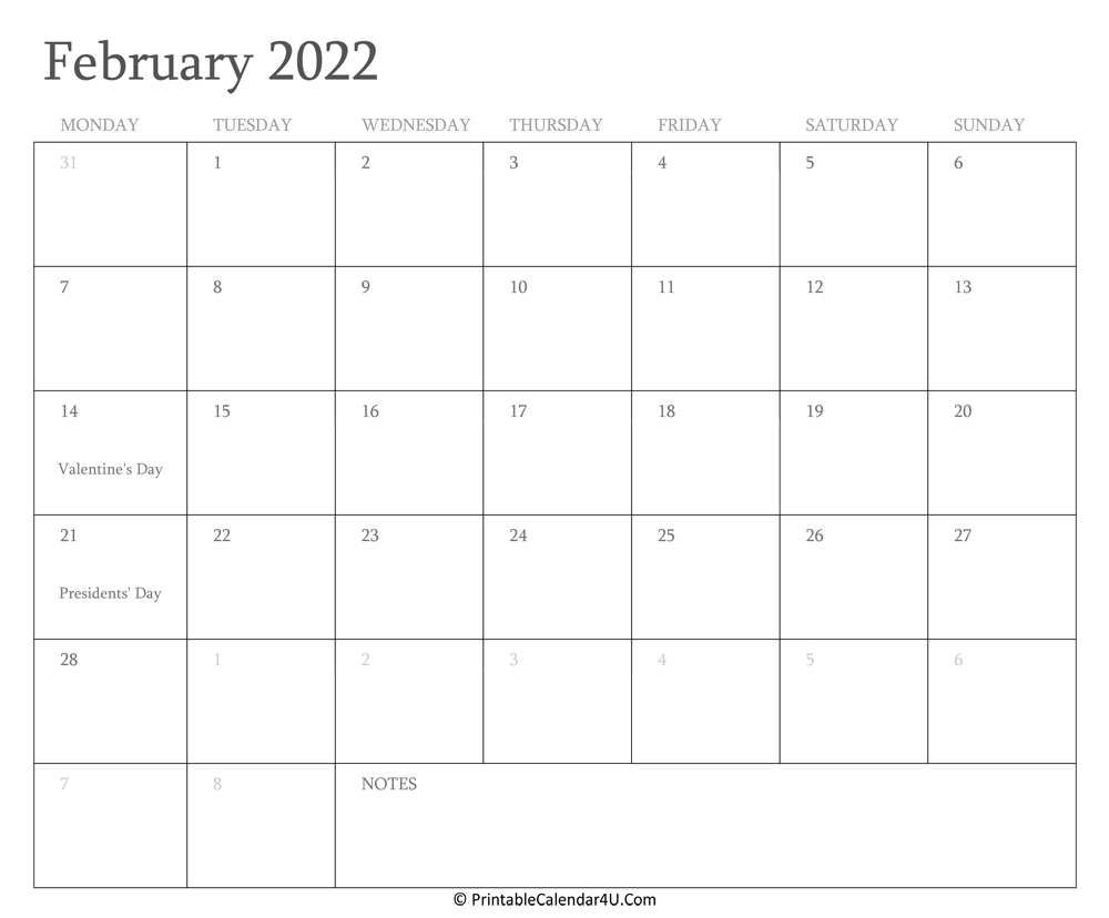 February 2022 Calendar Printable With Holidays
