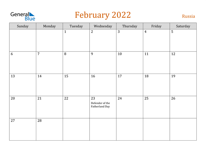 February 2022 Calendar - Russia