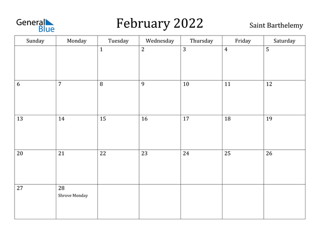 February 2022 Calendar - Saint Barthelemy