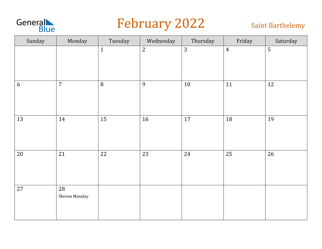 February 2022 Calendar - Saint Barthelemy