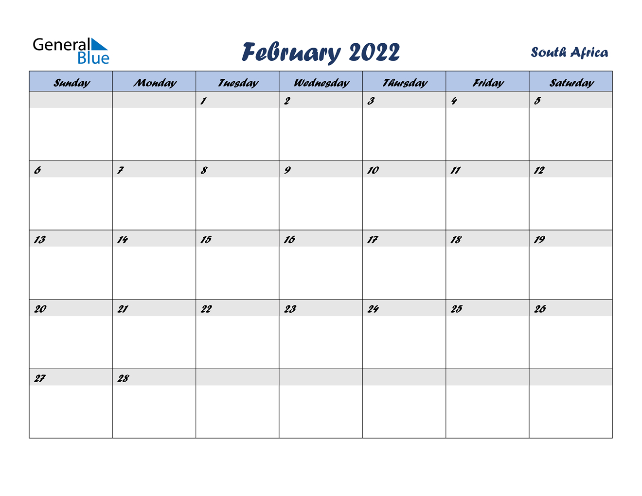 February 2022 Calendar - South Africa