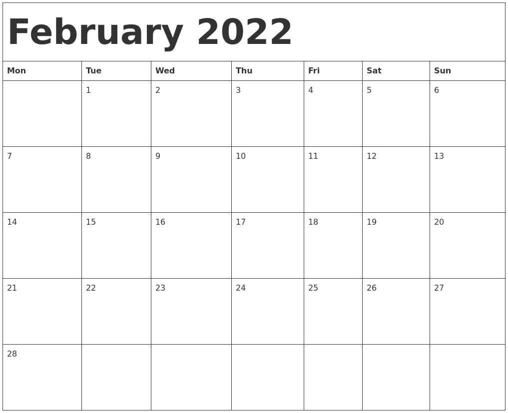 February 2022 Calendar Template