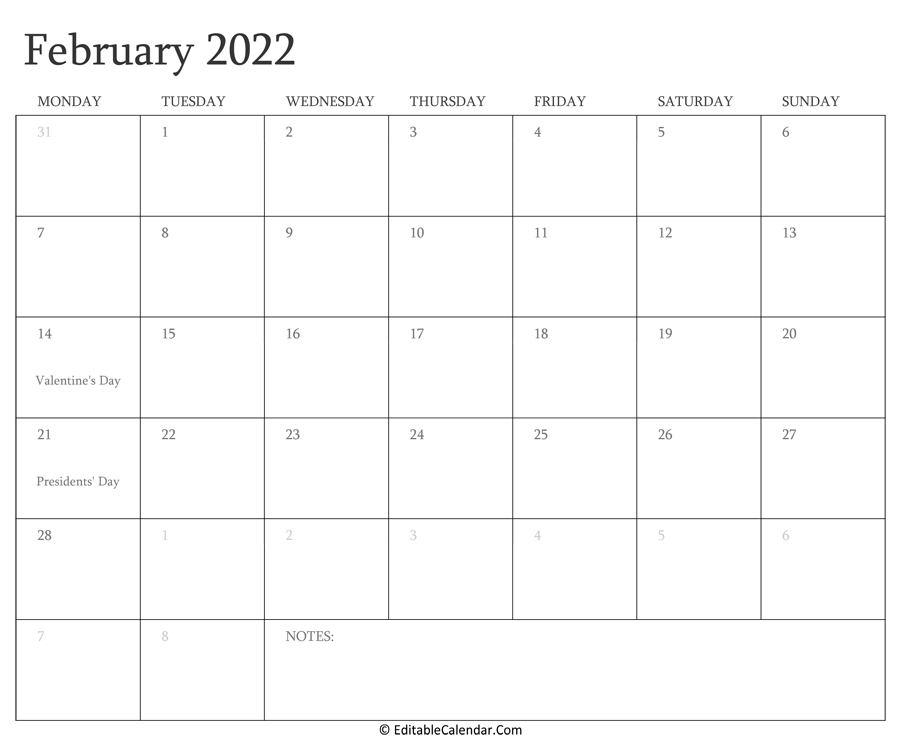 February 2022 Calendar Templates