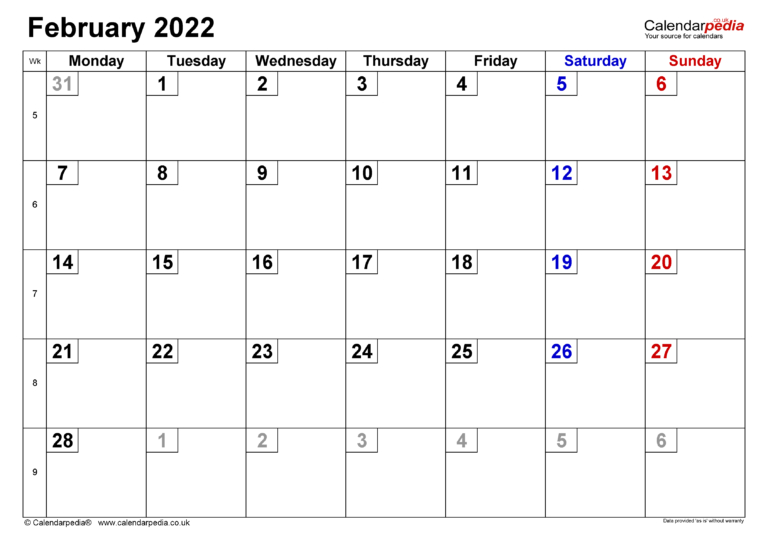 February 2022 Calendar Uk Printable - 2023 Printable Calendars