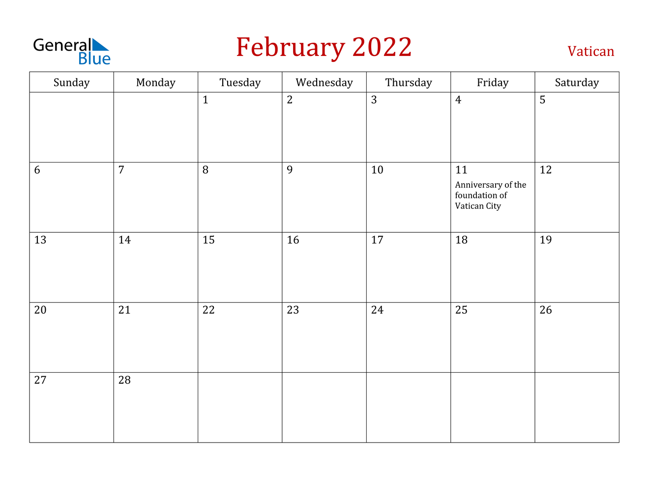 February 2022 Calendar - Vatican